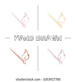 Burning matchstick hand drawn icons set. Arson. Color brush stroke. Isolated vector sketchy illustrations