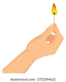 Burning matchstick in human hand. Fire light icon
