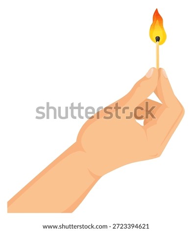 Burning matchstick in human hand. Fire light icon