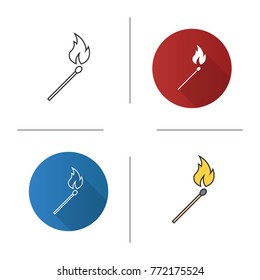 Burning matchstick icon. Flat design, linear and color styles. Arson. Isolated vector illustrations