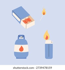 Burning the matchstick, Light a match, Opened blue a matchbox with matchstick, Blue plastic lighter with flame, Hand draw blue propane gas tank illustration