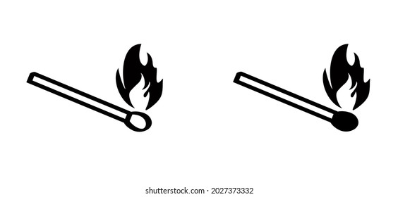 Burning matchstick, lucifer sign. Smoking, fire or flame logo. Burning matches icon. Matches pictogram. Match lighted icon. Funny flat vector cartoon. Red, orange flames