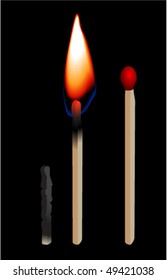 Burning matchstick on black - vector