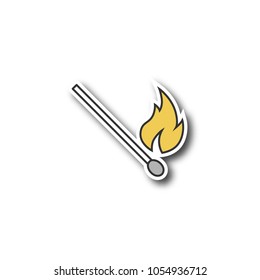 Burning matchstick patch. Arson. Color sticker. Vector isolated illustration