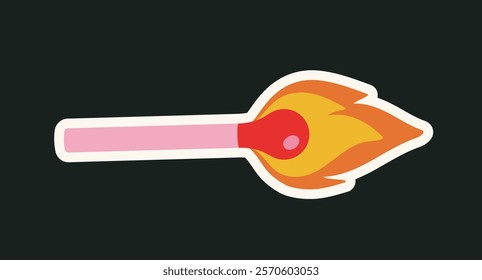Burning matchstick with a pink stick and vibrant flame in orange and red tones on a dark background. Creative design element. Vector illustration