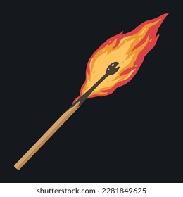 Burning matchstick simple emblem colorful with wooden smoldering matchstick for arson of fire or firewood in fireplace vector illustration