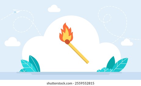 Burning matchstick. Wood rod with yellow flame isolated on white background. Match stick with fire of fire and matchstick, burn flame isolated, ignite and light heat. Vector illustration