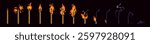 Burning matchsticks set. Steps of matches combustion for animation. Sequence of sticks light with igniting, blazing, fire, flame, smoke, ash. Burnt wooden lighter. Flat isolated vector illustrations