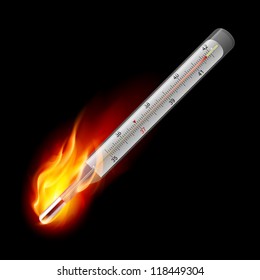 The burning medical thermometer. Celsius. Illustration on black