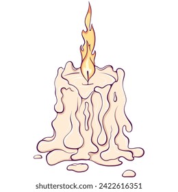 Burning melted candle with flowing wax. Candle stub close up design element. Vector color illustrations in cartoon hand drawn style isolated on white.