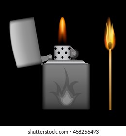 Burning metal lighter and match on black background