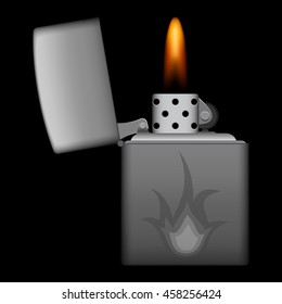 Burning metal lighter on black background