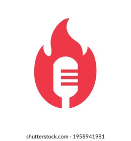 Burning microphone logo template, mic on fire symbol, isolated on white background