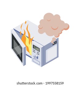 Burning microwave oven on white background isometric vector illustration