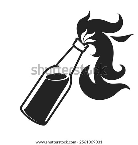 Burning molotov cocktail bottle icon or logo. Modern comic style black and white vector illustration.