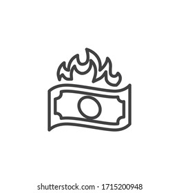 Burning money bill line icon. linear style sign for mobile concept and web design. Money burn outline vector icon. Bankrupt symbol, logo illustration. Vector graphics