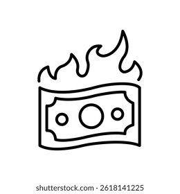 Burning money bill line icon. linear style sign for mobile concept and web design. Paper money burn outline vector icon. Symbol, logo illustration. Vector graphics
