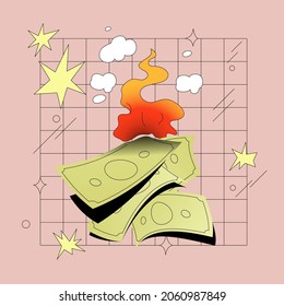 Burning money comic style vector illustration. Finacial crisis, bankruptcy, inflation concept. 