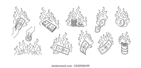 Burning money. Doodle cash loss, banknotes on fire, currency bills and coins in flames. Financial crisis and money loss concept hand drawn vector illustration set.