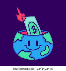 Burning money inside earth planet, illustration for t-shirt, sticker, or apparel merchandise. With doodle, retro, and cartoon style.