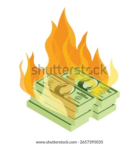 Burning money isolated on white background. Bankruptcy, financial crisis and inflation concept. Wasting money. Finance. Vector illustration