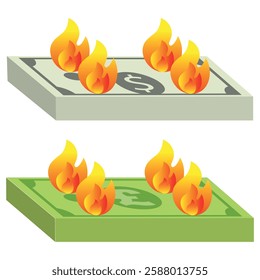 Burning money, representation of spending too much on things that are not necessary, dollars and pounds versions