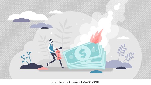 Burning money vector illustration. Financial trouble symbolized with fire and businessman extinguishes flames flat tiny persons concept. Economy bankruptcy risk and rapid money value and wealth lost.