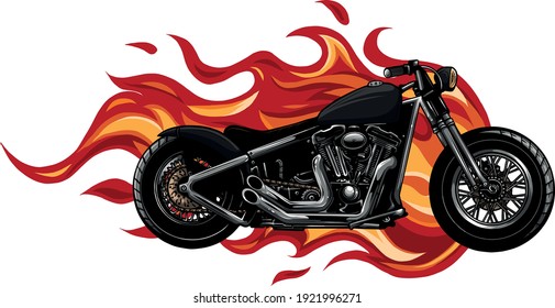 burning motorcycle engulfed in fierce fiery orange flames and fire exploding sparks