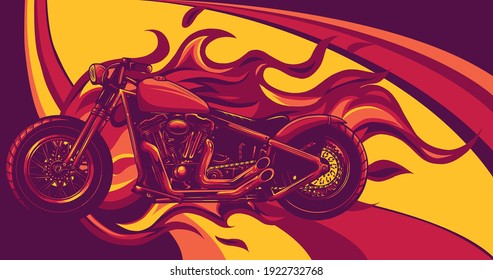 burning motorcycle engulfed in fierce fiery orange flames and fire exploding sparks