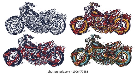 Burning motorcycle, rider sport elements. Bikers lifestyle. Old school tattoo vector art. Hand drawn cartoon character set. Isolated on white. Traditional tattooing style 