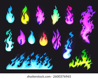 Burning multicolored fire, tongues of flame, flame borders isolated on black background. Vector set of cartoon magic flames of pink, blue, green, purple colors.