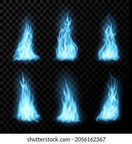 Burning natural gas blue flames. Realistic vector fire of fireplace burner, campfire, bonfire or magic fireball on transparent background. 3d fire flames and tongues of propane gas burning