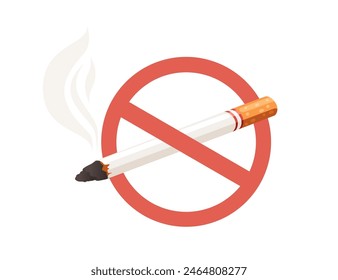 Burning nicotine cigarette with not allowed sign vector illustration isolated on white background