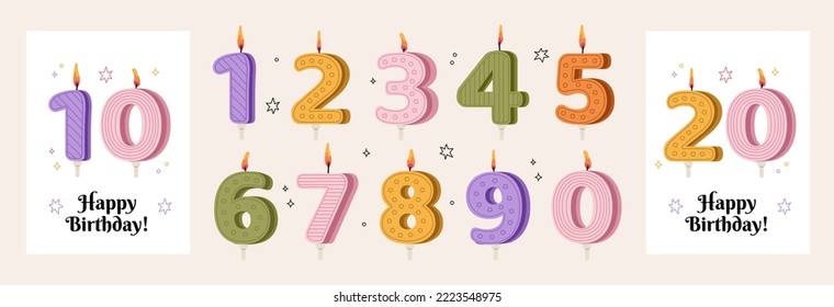 Burning number 10, 20 birthday candles, backgrounds postcard format. Vector vertical twentieth birthday invitation template and numbers .Perfect for invitation, postcard, poster, print