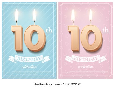 La vela número 10 quemado con texto de celebración de cumpleaños en fondo ligero difuminado y quemando velas de cumpleaños para otras fechas. Plantilla de invitación de cumpleaños vertical del vector