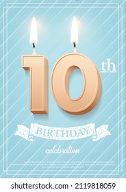 Burning number 10 birthday candle with vintage ribbon and birthday celebration text on textured blue background in postcard format. Vector vertical ten birthday invitation template