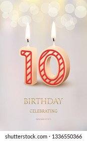 Burning number 10 birthday candles with birthday celebration text on light blurred background. Vector tenth birthday invitation template