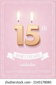 Burning Number 15 Birthday Candle With Vintage Ribbon And Birthday Celebration Text On Textured Pink Background In Postcard Format. Vector Vertical Fifteen Birthday Invitation Template