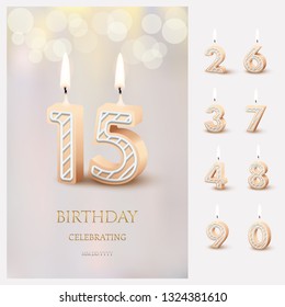 Burning number 15 birthday candles with birthday celebration text on light blurred background and burning birthday candle set for other dates. Vector vertical birthday invitation template