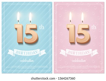 Burning number 15 birthday candles with vintage ribbon and birthday celebration text on textured blue and pink backgrounds in postcard format. Vector vertical fifteenth birthday invitation templates