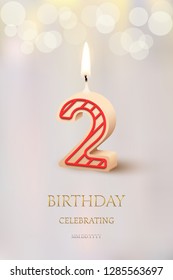 Burning number 2 birthday candle with birthday celebration text on light blurred background. Vector second birthday invitation template