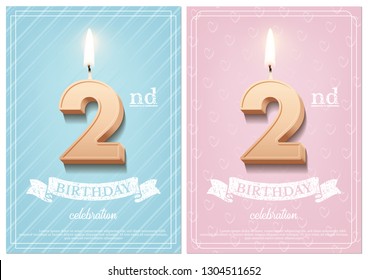 Burning number 2 birthday candle with vintage ribbon and birthday celebration text on textured blue and pink backgrounds in postcard format. Vector vertical second birthday invitation templates