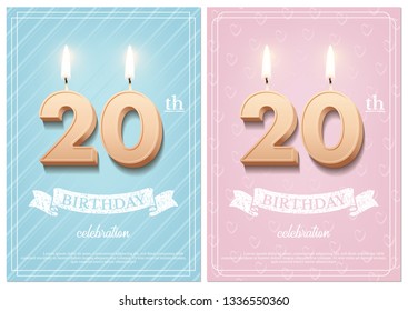 Burning number 20 birthday candles with vintage ribbon and birthday celebration text on textured blue and pink backgrounds in postcard format. Vector vertical twentieth birthday invitation templates