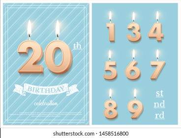 Burning number 20 birthday candles with vintage ribbon, birthday celebration text on textured blue backgrounds postcard format. Vector vertical twentieth birthday invitation template and numbers set