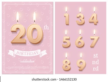 Burning number 20 birthday candles with vintage ribbon, birthday celebration text on textured pink backgrounds postcard format. Vector vertical twentieth birthday invitation template and numbers set