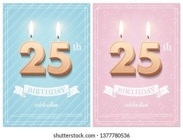 Burning number 25 birthday candles with vintage ribbon and birthday celebration text on textured blue and pink backgrounds in postcard format. Vector vertical twenty fifth birthday invitation template