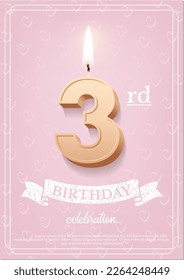 Burning number 3 birthday candle with vintage ribbon and birthday celebration text on textured pink background in postcard format. Vector vertical three birthday invitation template.