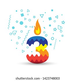 Burning number 3 birthday candles with colors of the rainbow