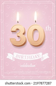 Burning number 30 birthday candle with vintage ribbon and birthday celebration text on textured pink background in postcard format. Vector vertical thirty birthday invitation template