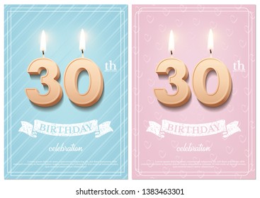 Burning number 30 birthday candles with vintage ribbon and birthday celebration text on textured blue and pink backgrounds in postcard format. Vector vertical thirtieth birthday invitation templates